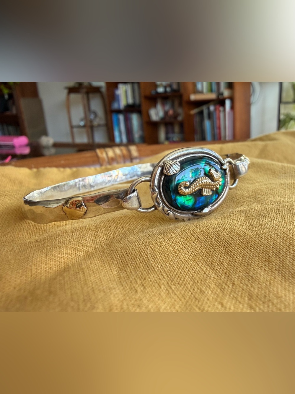 Vintage Hammered Silver Artisan Made Bangle With Seahorse 8.25”
